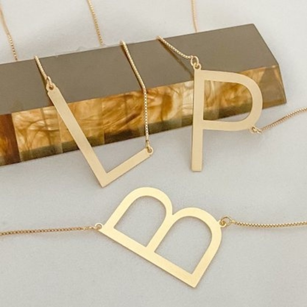 Colar Letra Lisa Folheado Inicial Cravejada cordão veneziana Semi Joia Banhada Folheado a ...