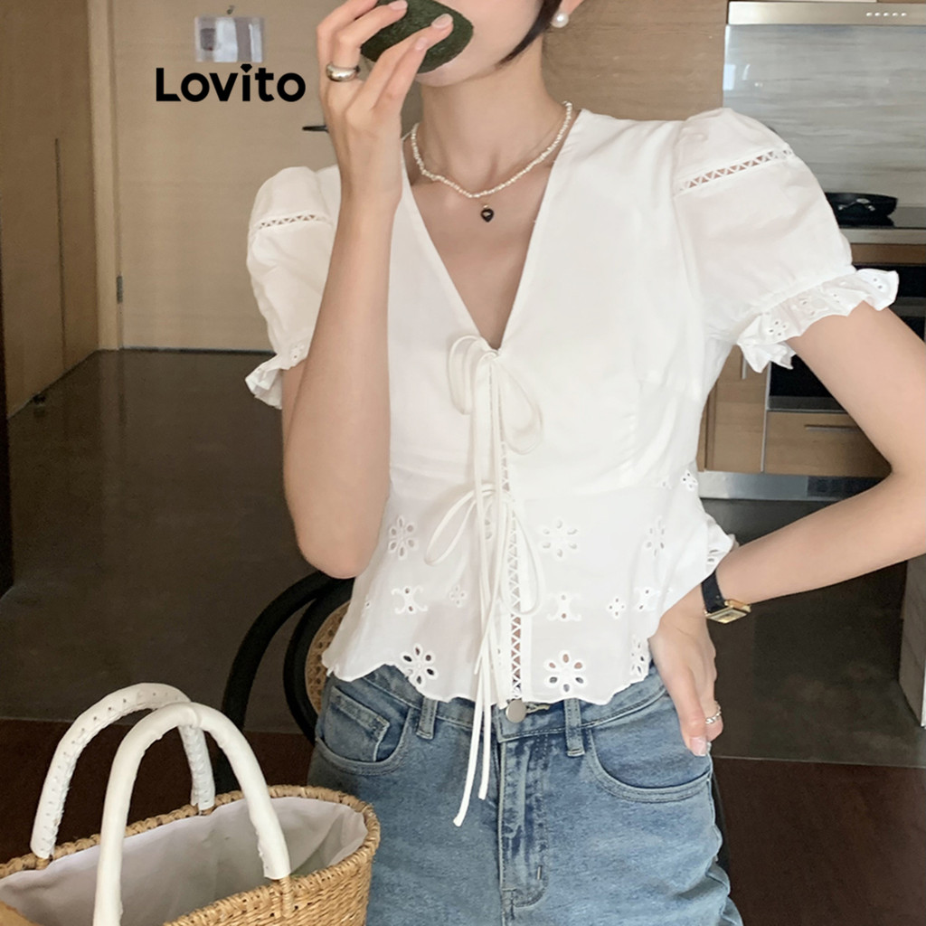 (Trendy) Lovito Blusa Boho Verão/Primavera Com Bordado De Ilhós E Renda Para Mulheres L86ED245 em Oferta na Shopee