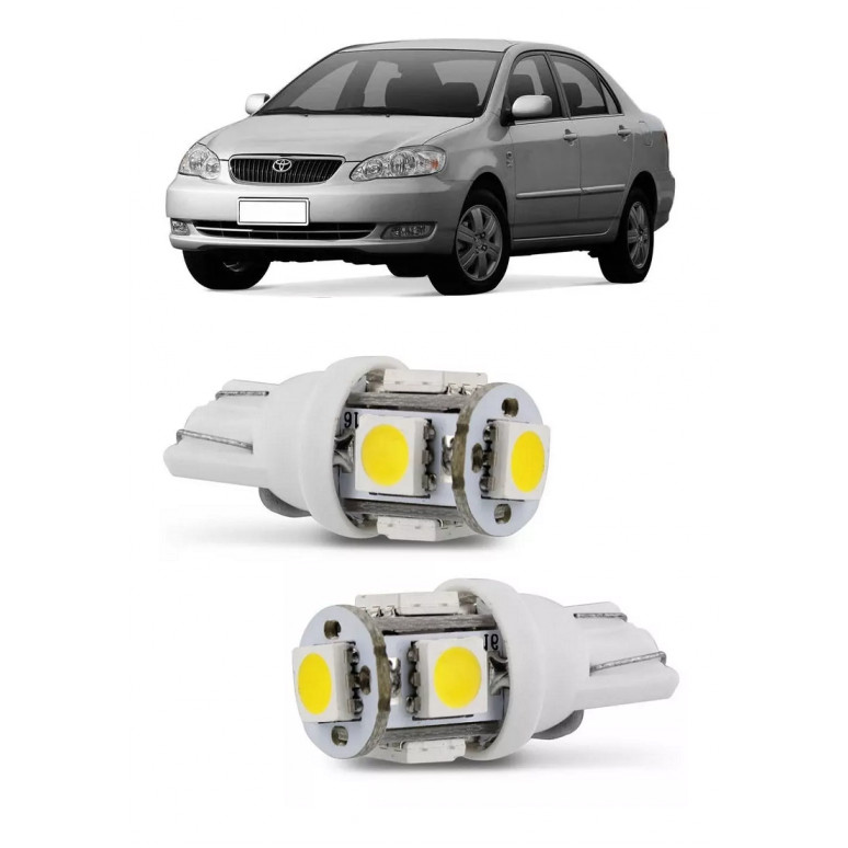 Par Lampada Pingo T10 5 LED Torre Corolla Farol Teto Placa
