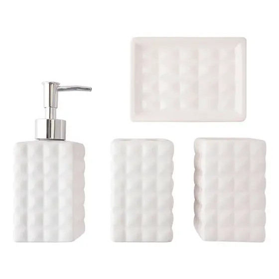 Conjunto Kit Pia Banheiro Lavabo 4 Peças | Cerâmica Quadrado Preto ou Branco Porta escova de dente Sabonete líquido