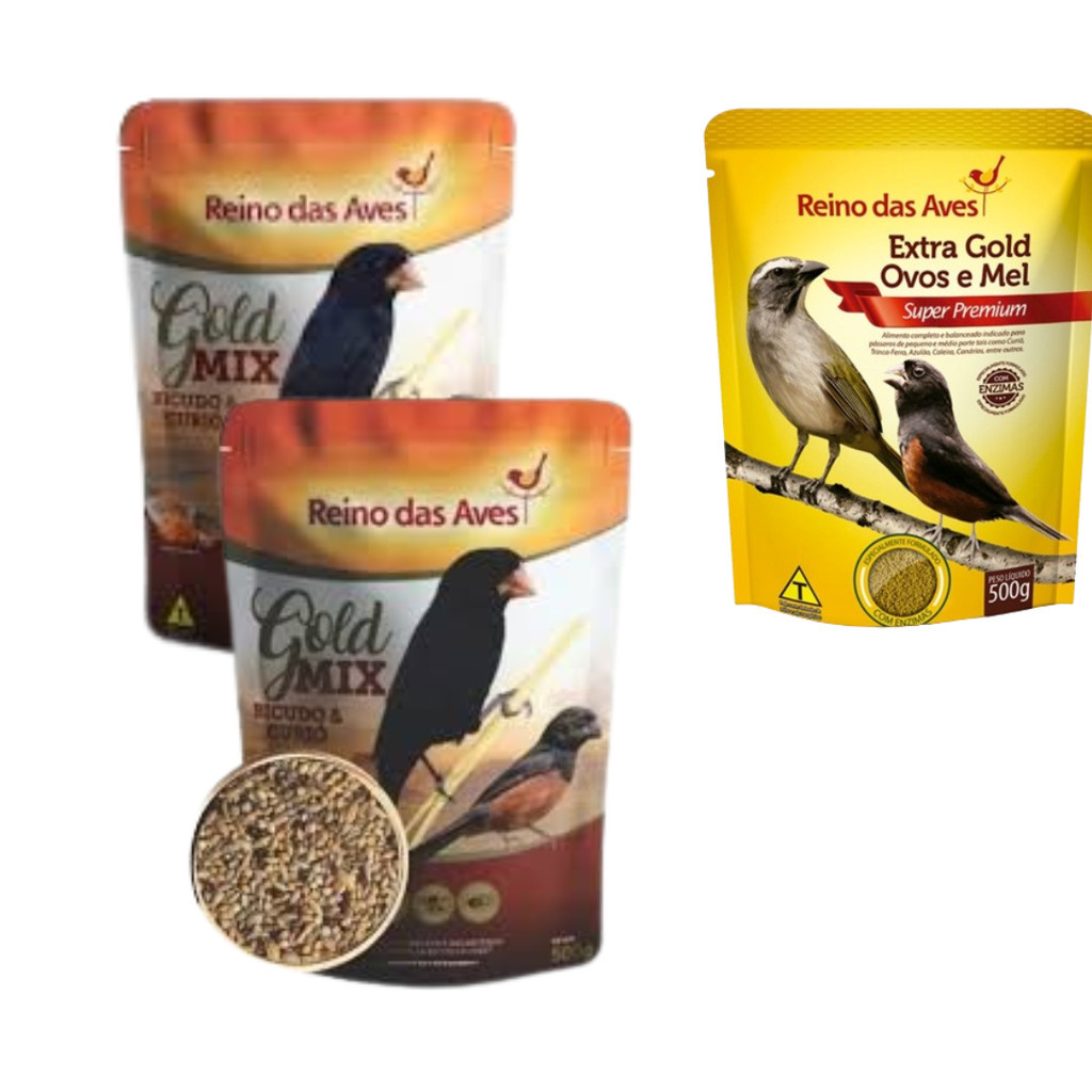 Kit 2 Bicudo / Curió Gold Mix 500g cada e 1 Extra Gol Ovos e Mel 500g  - REINO DAS AVES