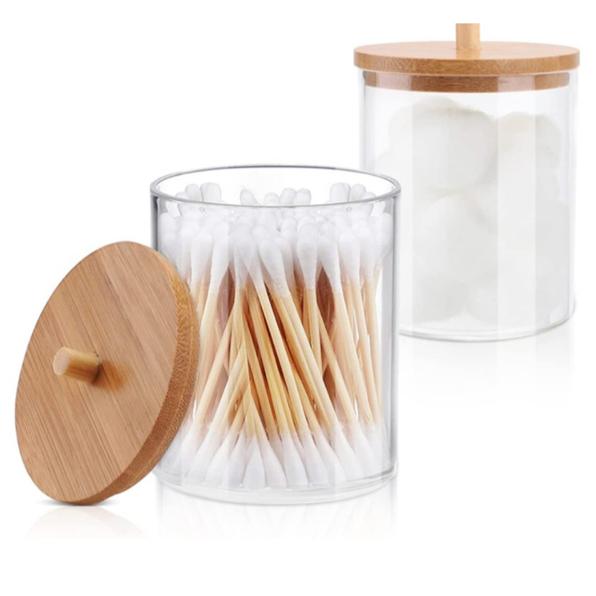 Porta Algodão ou Cotonete Em Acrílico Transparente Com Tampa Bambu