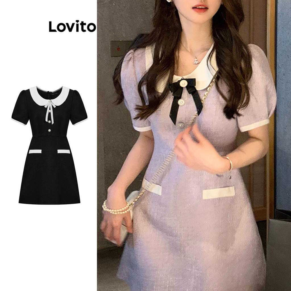 Lovito Vestido Casual Liso Com Bolso Falso E Laço Contrastante Com Gola Bufante Para Mulheres LNA17158 (Roxo) - Women Clothes