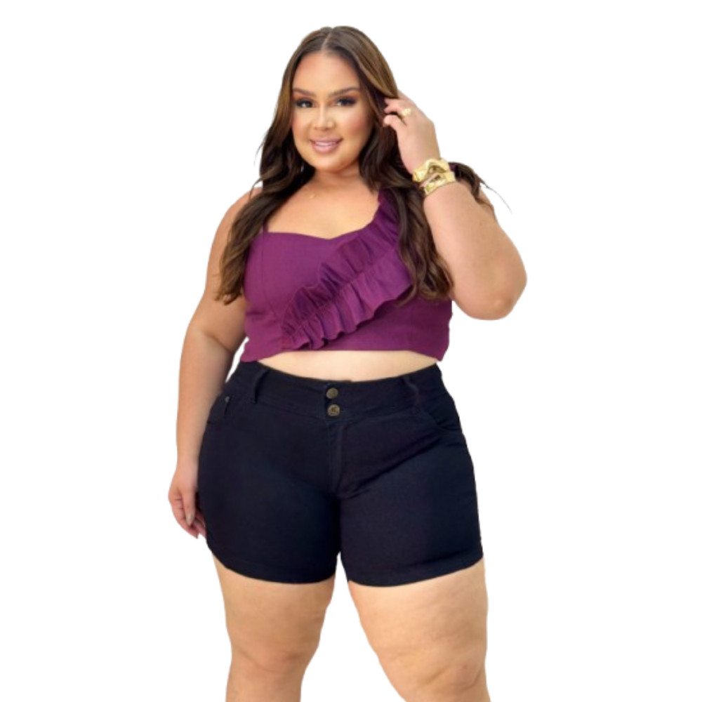 Bermuda Short Jeans Lycra Meia coxa Plus Size Feminino Modelo Curve Preto 46 ao 64
