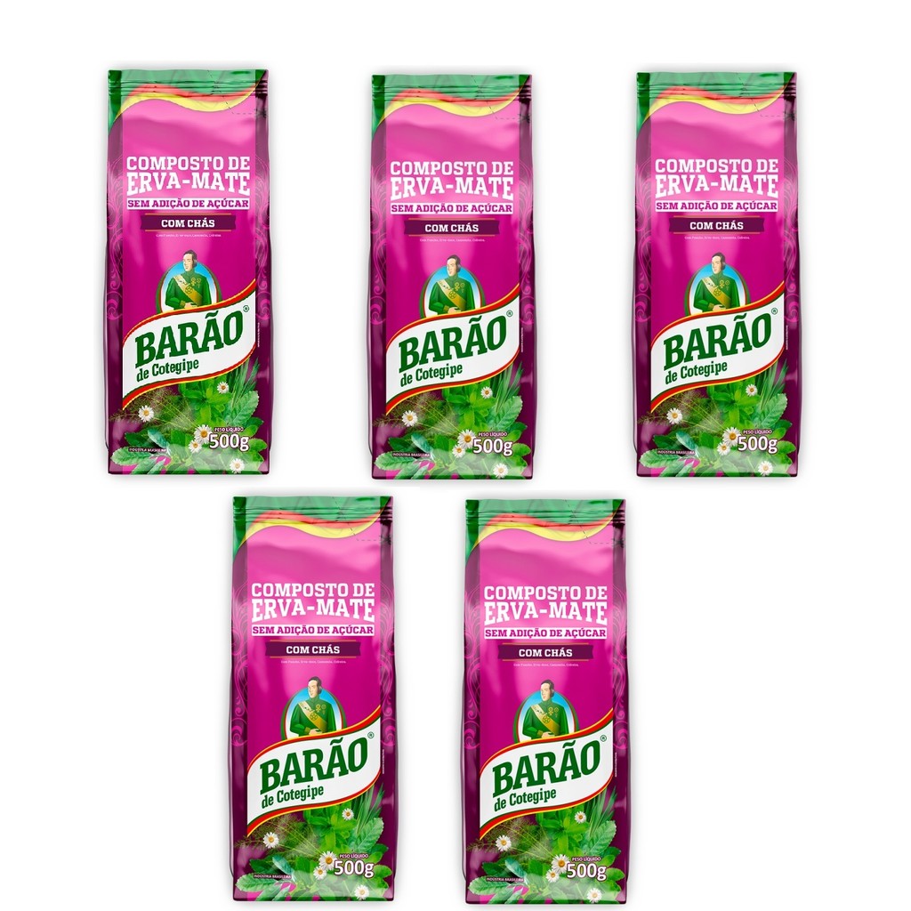 Kit 05 pacotes Composto  Erva Mate BARÃO Com Chás 500G cada