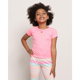 Blusa Infantil Canelada Coração Vazado Rosa Neon