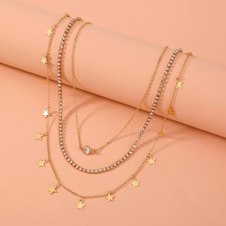 Jóias Européias Americanas ins Jóias Multi-Layered Retro Colar de Zircônio com Cinco Pontas Estrela Tassel Clavicle Chain Fe
