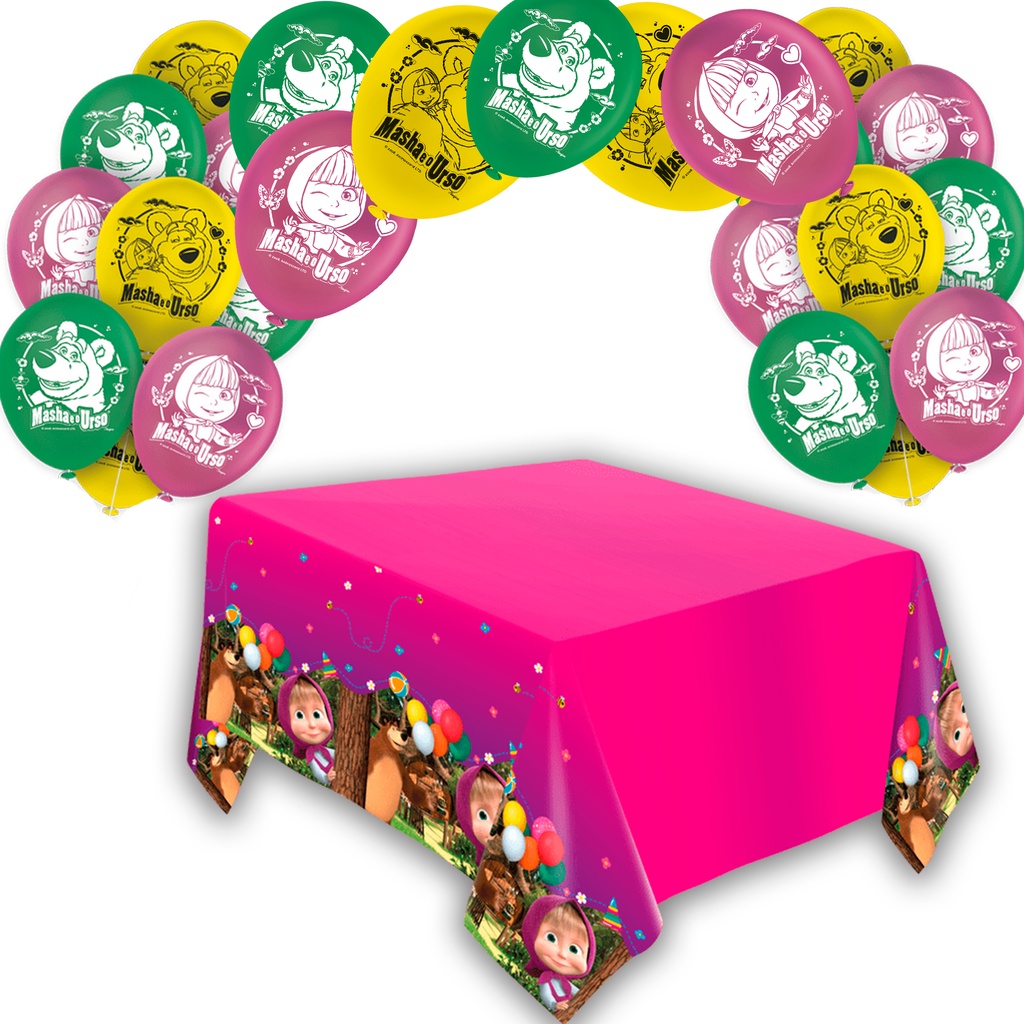 Kit Festa Masha e o Urso Decoração Anive Toalha + 50 Bexigas n9 mais cor