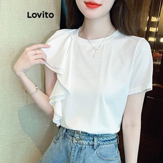 Lovito Elegante Camiseta Feminina Lisa com Babados LNE24058 (Branco)
