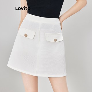 Lovito Casual Lisa Saia Feminina com Bolso, Botão e Zíper L62ED091 (Branca)