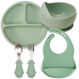 Kit Prato Tigela Bowl Talheres E Babador Pega Migalhas Silicone E Inox Verde Buba em Oferta na Shopee