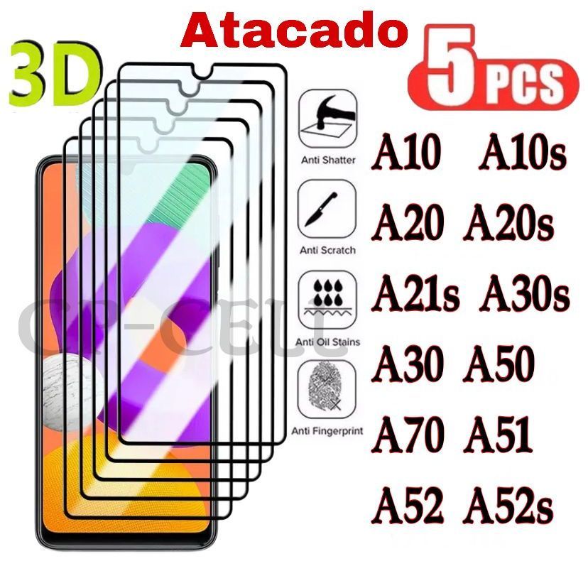 Kit Película 3D de Vidro com 5 peça Samsung A10 A10s A20 A20s A21s A30 A30s A50 A70 A51 A52 A52s