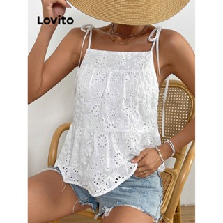 Lovito Boho Regata Básica com Bordado de Entremeio para Mulheres L74ED089 (Branco)