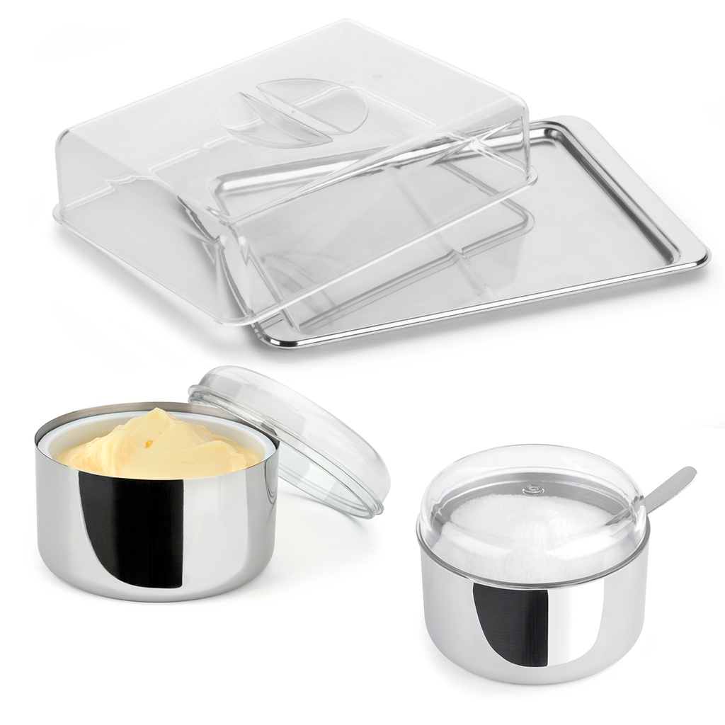 Conjunto 3pçs Inox Porta Frios + Açucareiro e Manteigueira Pote Multiuso Kit Café da Manhã Chá da Tarde Churrascos Festa