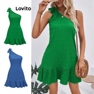 Lovito Vestido com Babado Assimétrico e Laço para Mulheres LBE04043 (Verde)