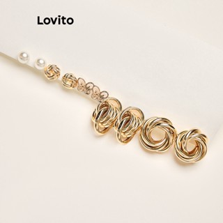 Lovito Conjuntos de Brincos Vintage Básicos de Metal com Geometria e Pérolas Resinadas Hipoalergênicas para Mulheres LCS01018