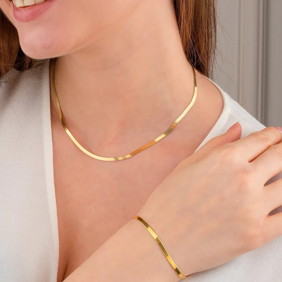 Detalhes do Kit Conjunto Colar Laminado e Pulseira Folheados Banhada a Ouro 18k