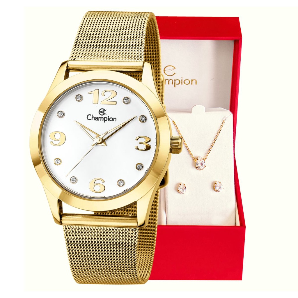 Relógio Champion Feminino Analógico Dourado Kit de Brincos e Colar Original À Prova d'Água CN29098W