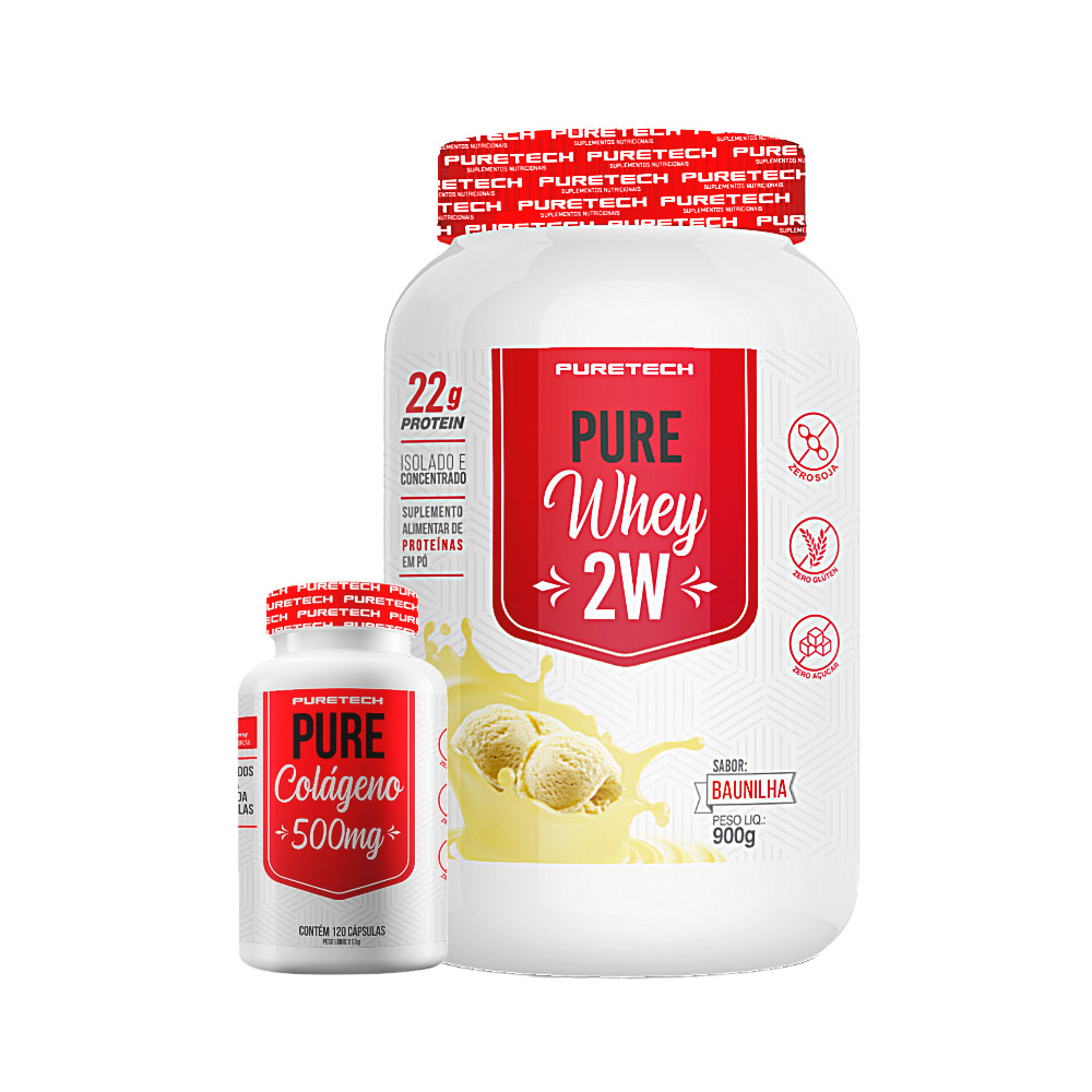 Kit Pure Whey 2W 900g + Pure Colágeno 120 Caps PURETECH em Oferta na Shopee