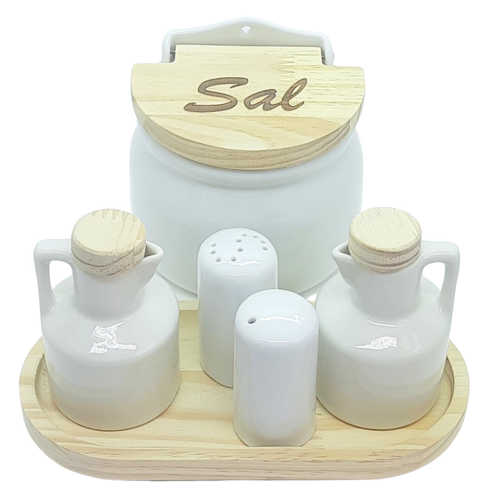 Kit Cozinha 6 pçs - 2 Galheteiros, Saleiro, Paliteiro + Saleiro Parede - Porcelana e Pinus