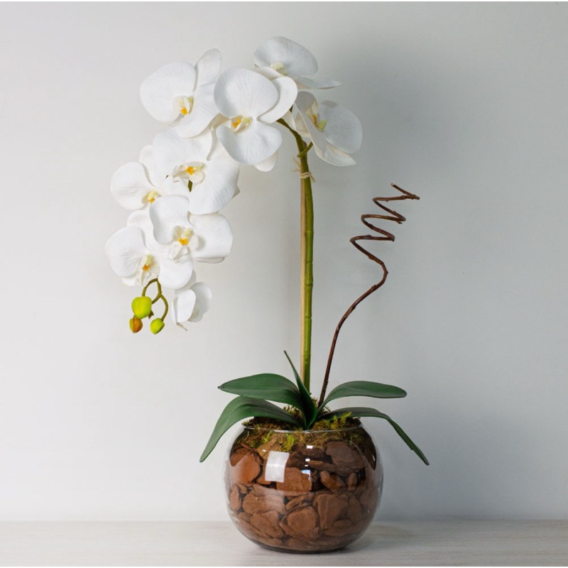 Arranjo Completo Flor Orquídea Artificial Silicone 3D com Vaso de Vidro para Enfeite de Mesa Sala Vaso Decorativo.