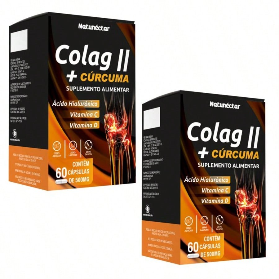 KIT 2 COLÁGENO TIPO II + CURCUMA + ÁCIDO HIALURÔNICO + VITAMINA C + VITAMINA D 60 CÁPSULAS