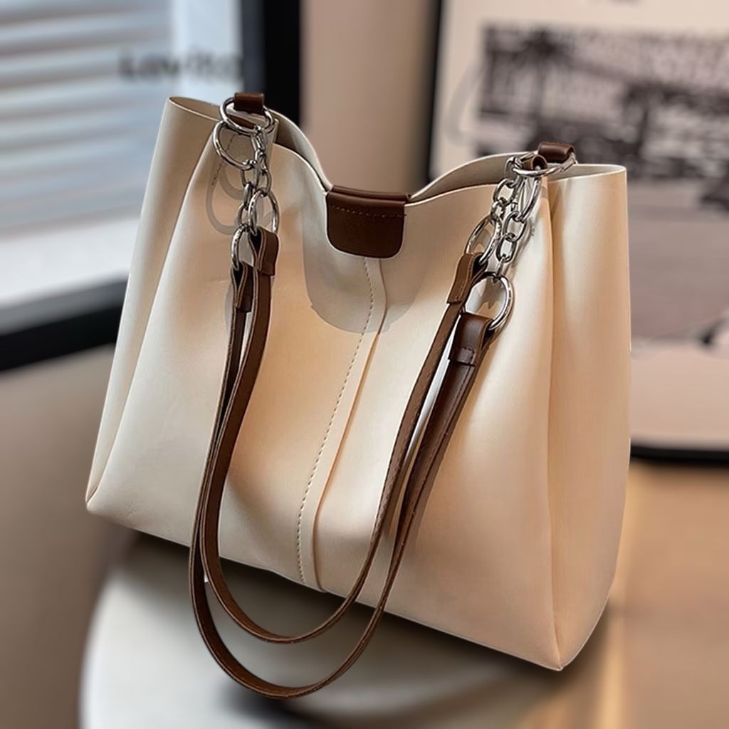 Bolsa Tote Texturizada de Grande Capacidade para Mulheres (Marrom/Branco/Preto)