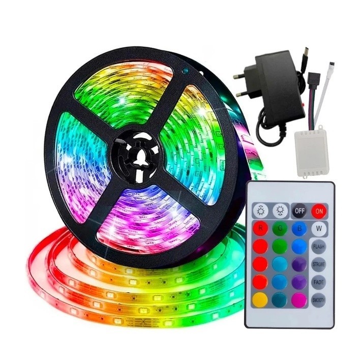 Fita LED 5m 2835/3528 RGB com Controle Remoto, Fonte Bivolt e Proteção IP65