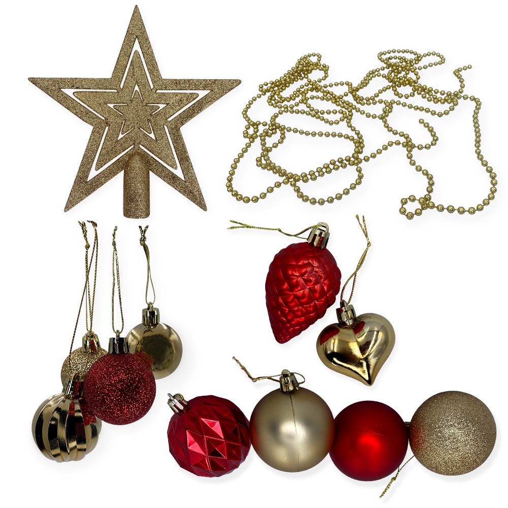 Kit de Enfeites de Natal com Bolas, Estrelas e Cores Dourado e Vermelho para uma Decoração Completa e Encantadora Magia Natalina em Casa