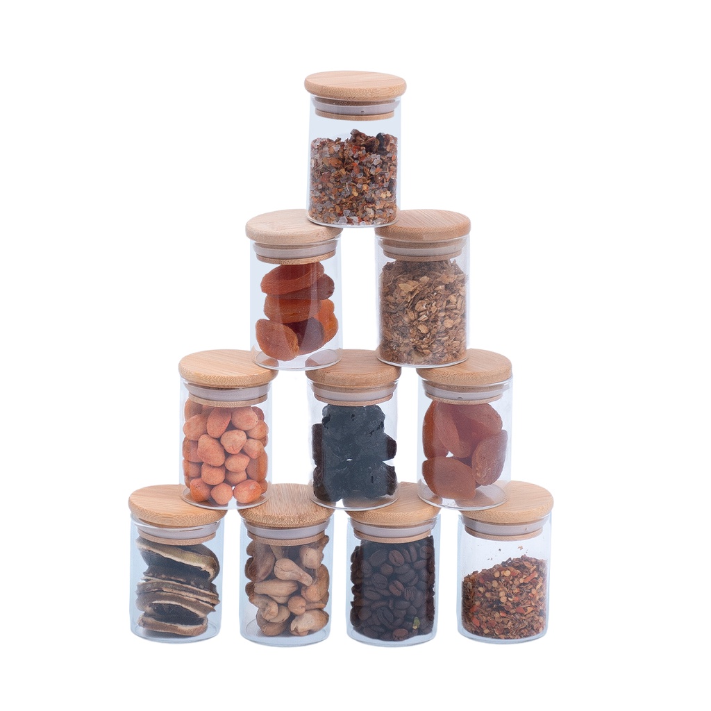Kit 10 potes de vidro herméticos com tampa de bambu 110ml - Oikos em Oferta na Shopee