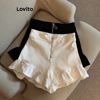 Lovito Shorts Casual com Bainha de Babado e Botão para Mulheres LNA17128 (Branco/Preto)