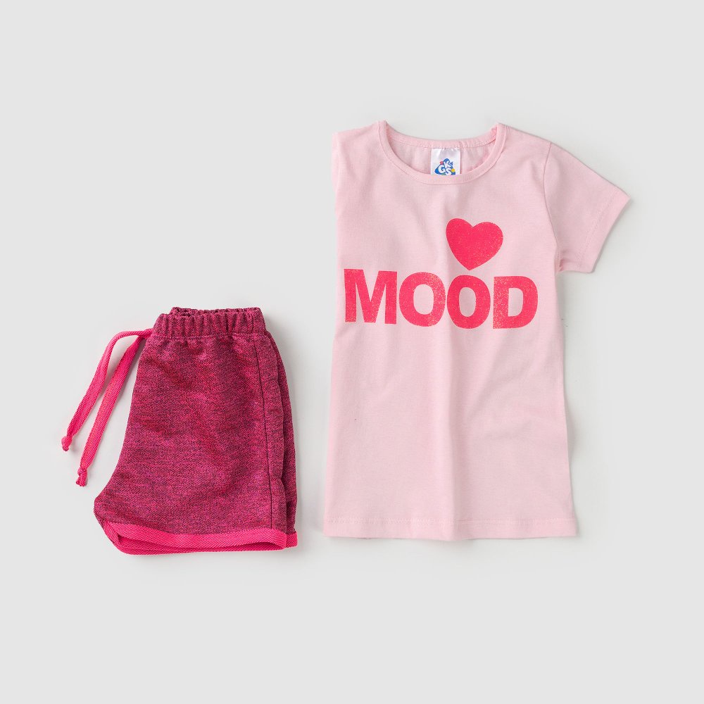 Conjunto Infantil Feminino Blusa Rosa Meia Malha Estampada + Shorts Moletinho Confortável Roupa Menina 4 ao 14