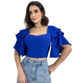 CROPPED BLUSINHA FEMININA MANGA FLARE BABADOS DE AMARRAR