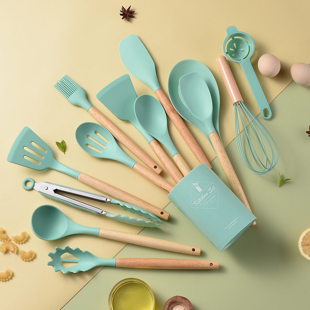 KIT de Utensílios Para Cozinha em Silicone e Bambu 12 Peças de 800g Grande