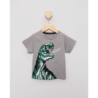 Camiseta Bebê Manga Curta Estampa Dinossauro Mescla Cinza