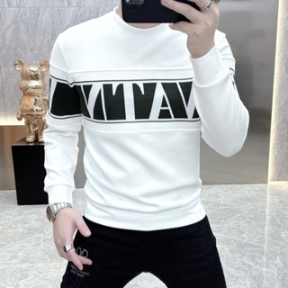 2023 Outono Inverno Novo Estilo de Inverno Camiseta de Moda Moda Moda Masculina Tendência de Moda Masculina com Listras Imprimir Camiseta Casual de Manga Longa Casual Homem