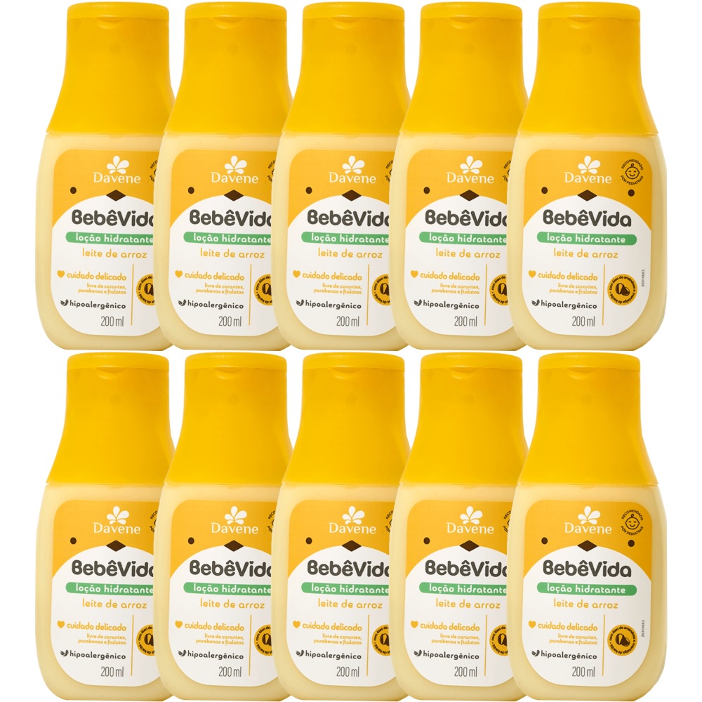 10UN Loção Hidratante Bebe Vida Leite de Arroz 200ml Davene
