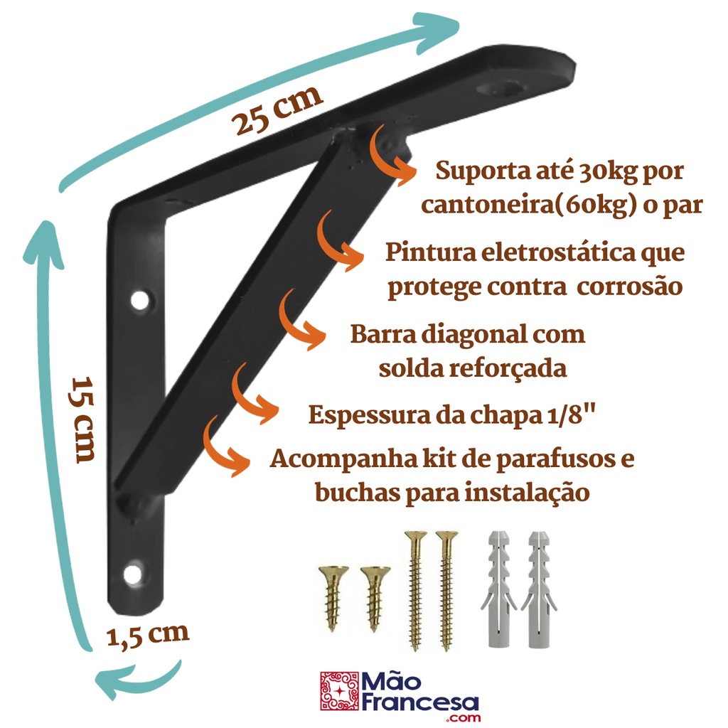 Mão Francesa Reforçada 25cm 2un Preta Cantoneira Prateleira