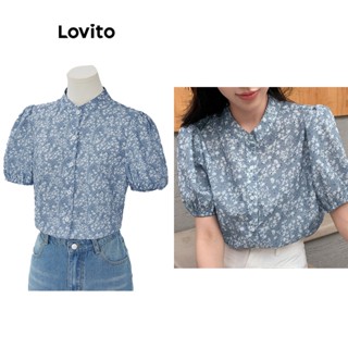 Lovito Boho Blusa Feminina Floral de Manga Bufante com Botão Frontal L71ED020 (Azul)