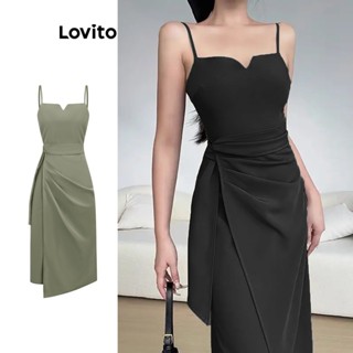 Lovito Elegante Vestido Feminino Liso Cruzado Franzido L71ED164 (Verde/Preto)