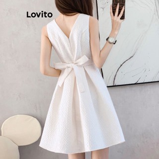 Lovito Casual Vestido Feminino Liso Plissado com Laço Traseiro e Zíper LNA31130 (Branco)