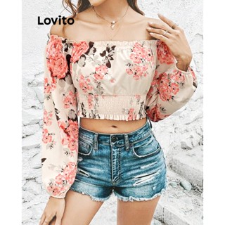 Lovito Blusa Boho com Ombros à Mostra e Estampa Floral Delicada para Mulheres LBL06023 (Alperce)