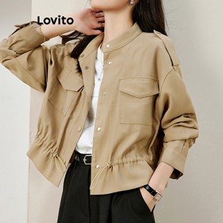 Lovito Jaqueta com Cordão e Botão Simples Casual para Mulheres LNE35154 (Caqui/Preto)