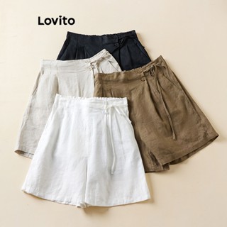 Lovito Shorts Casuais Lisos Com Renda E Bolso Plissado Para Mulheres LNL42102