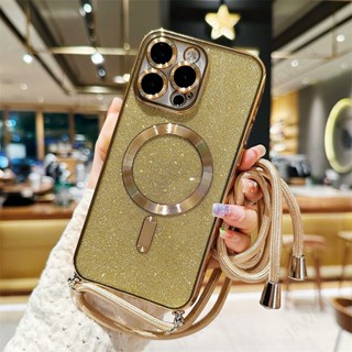 Glitter Crossbody Lanyard Capa Magnética Para iPhone 15 14 Plus 13 Pro Max Traseira De TPU Macia Galvanizada Magsafe