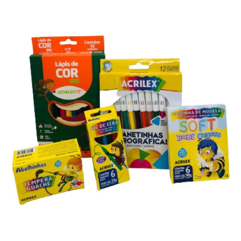 Kit Material Escolar Lápis De Cor Giz Cera Guache Massinha 
