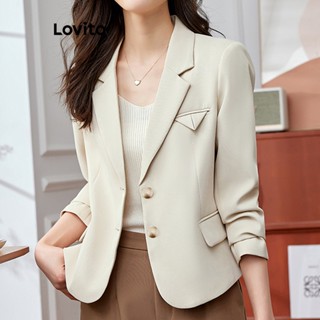 Lovito Blazer Casual De Botão Liso Para Mulheres LNE36292 (Branco/Preto)