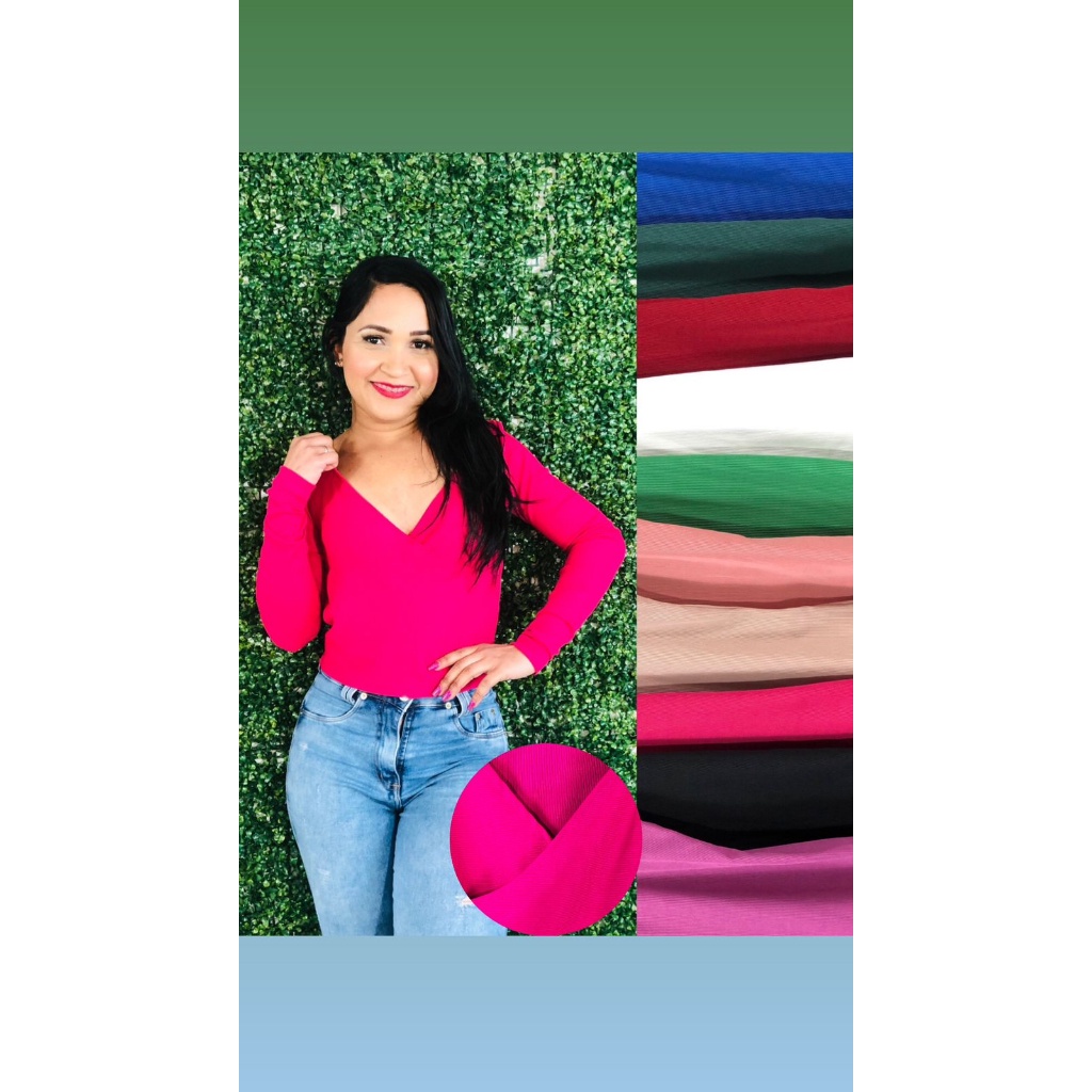 Blusa LUIZA manga longa decotada malha Canelada