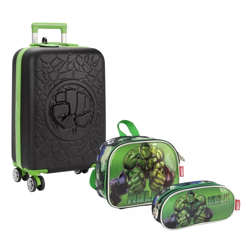 Kit Malinha Escolar Mala Bordo Infantil Hulk Rodinhas 360°