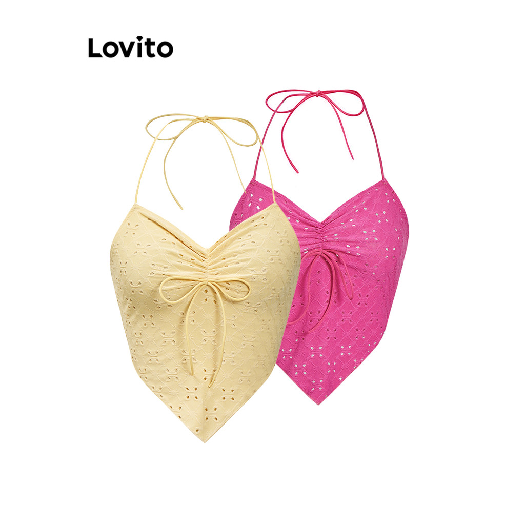 Lovito Regata feminina casual com gravata lisa na frente e franzida com renda L88AD016(Multicolorido) - Women Clothes